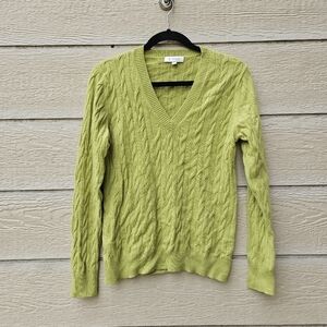 Kinross Cashmere spring green cable knit v-neck sweater large